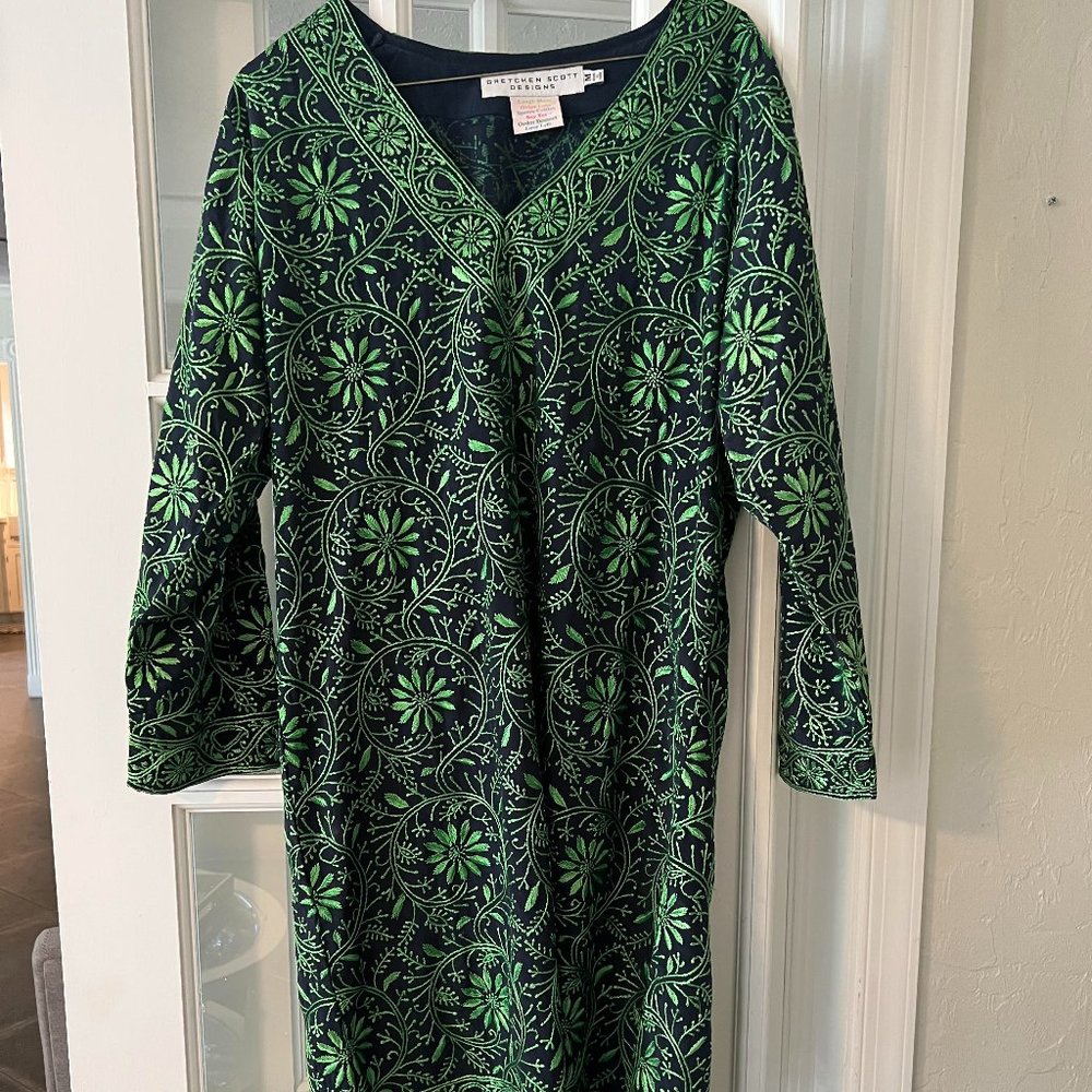 GRETCHEN SCOTT Green Navy Henna Embroidered Floral 3/4 Sleeve Dress Sz M
